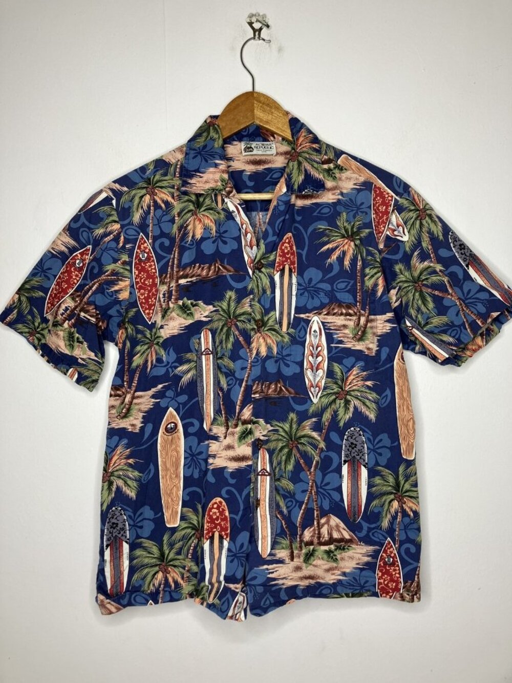 Vtg Aloha Republic Mens Hawaiian Shirt M Blue Surfboard Palm Tree Button USA